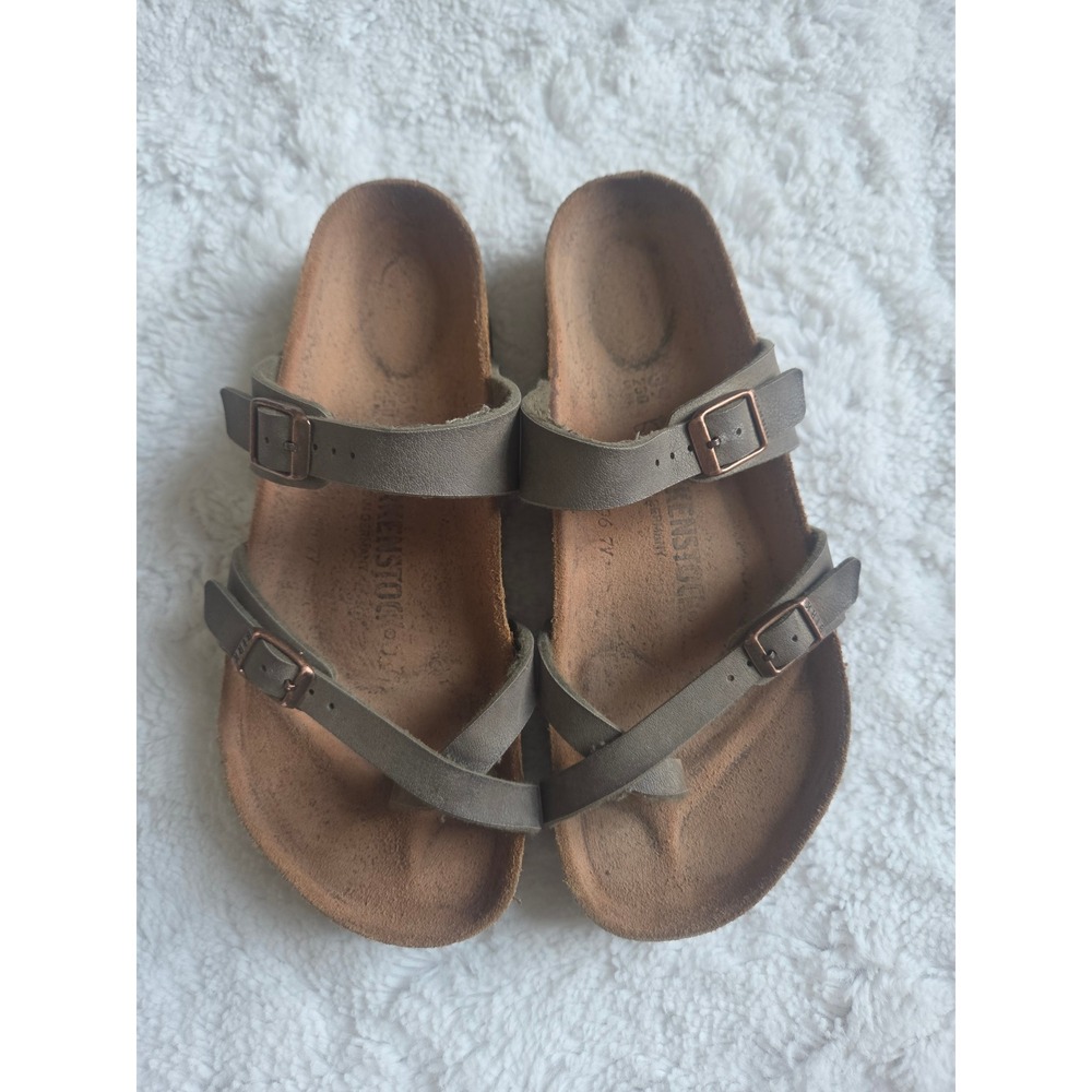 Birkenstock Mayari Olive Green Taupe Birko-Flor Toe Loop Sandals Size 39 US 8.5